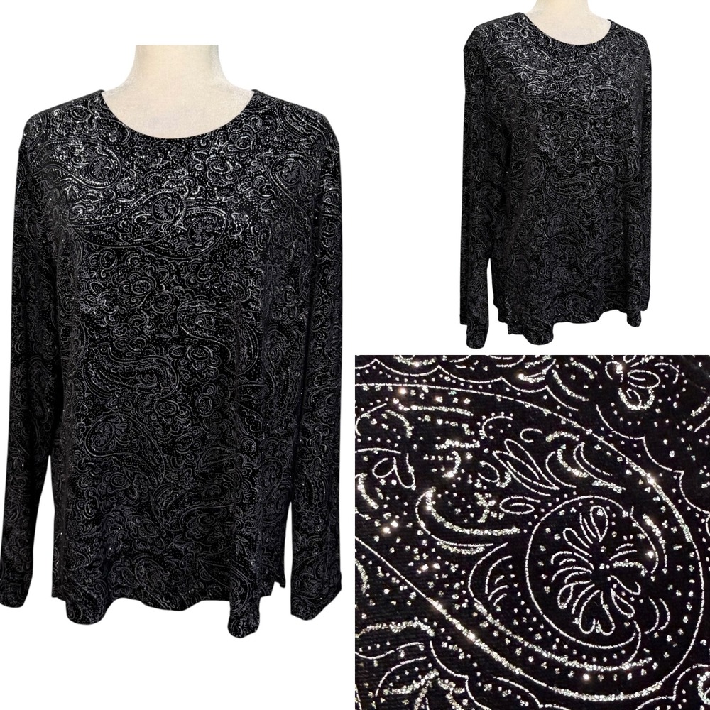 Vintage Tunic Top Women XL Black Silver Glitter Paisley Velvet Whimsigoth Edgy